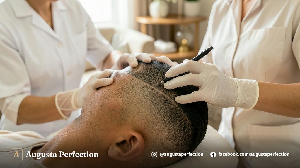 Ambiente elegante de clínica de estética avançada preparado para procedimento de micropigmentação capilar.