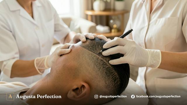 Ambiente elegante de clínica de estética avançada preparado para procedimento de micropigmentação capilar.
