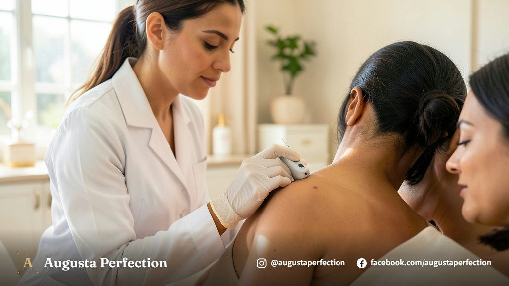 Profissional de estética avançada realizando avaliação cuidadosa da pele em ambiente clínico moderno.