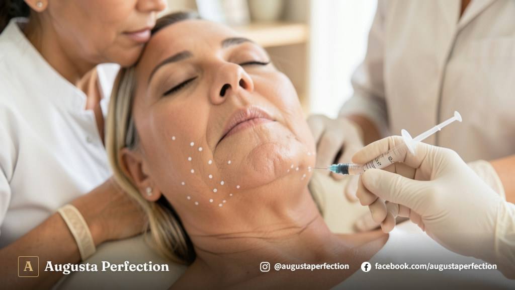 Profissional de estética em atendimento cuidadoso preparando a pele antes de procedimento facial.
