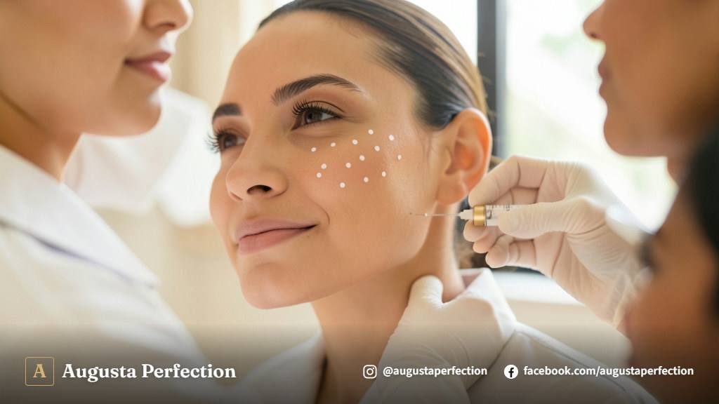 Profissional de estética com luvas segurando seringa de ácido hialurônico em clínica elegante e bem iluminada.