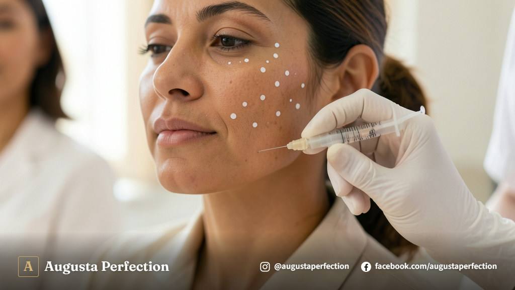 Profissional de estética segurando seringa com ácido hialurônico em ambiente clínico moderno em Bauru
