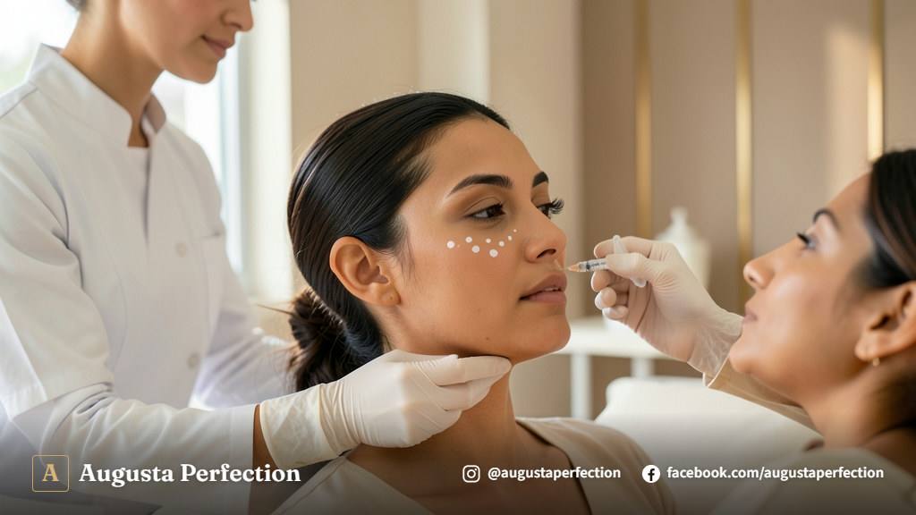 Profissional de estética em clínica organizada segurando embalagem de produto para preenchimento de bochechas.
