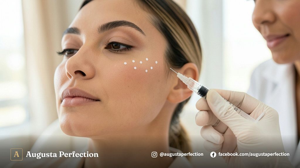 Consulta de avaliação facial profissional em clínica de estética avançada para preenchimento de bochechas.