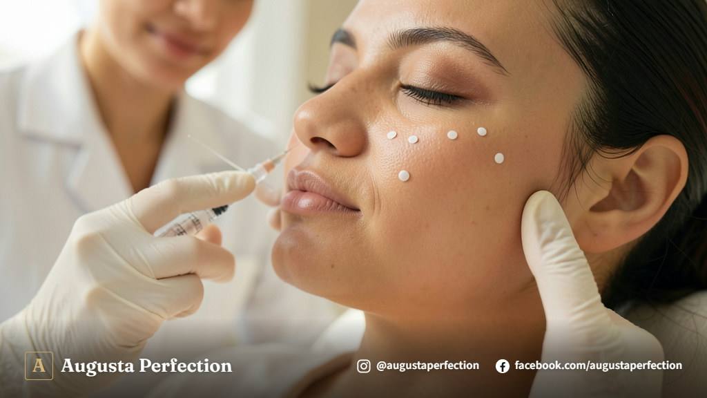 Profissional de estética com luvas segurando seringa de ácido hialurônico em uma clínica elegante.