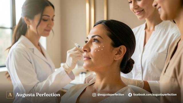 Profissional de estética segurando produto preenchedor em ambiente clínico elegante e limpo.