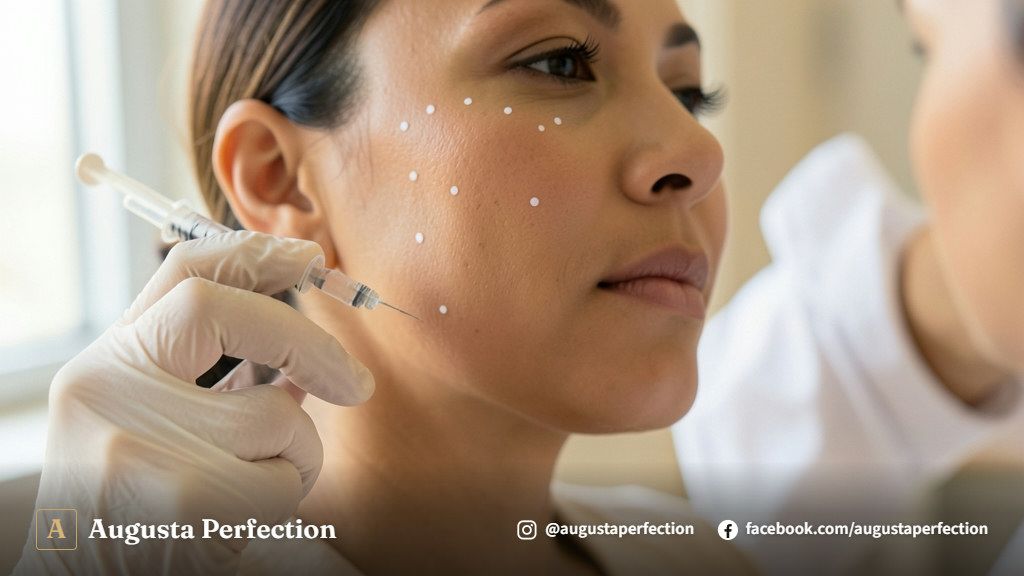 Profissional em ambiente clínico elegante segurando seringa de ácido hialurônico para preenchimento de bochechas.