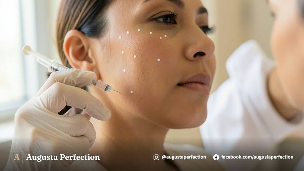 Profissional em ambiente clínico elegante segurando seringa de ácido hialurônico para preenchimento de bochechas.