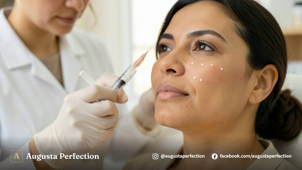 Especialista em estética avançada preparando procedimento seguro de preenchimento de bochechas em ambiente clínico.