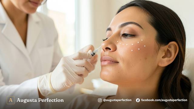 Seringa de ácido hialurônico preparada para procedimento de preenchimento de bochechas em ambiente clínico elegante.