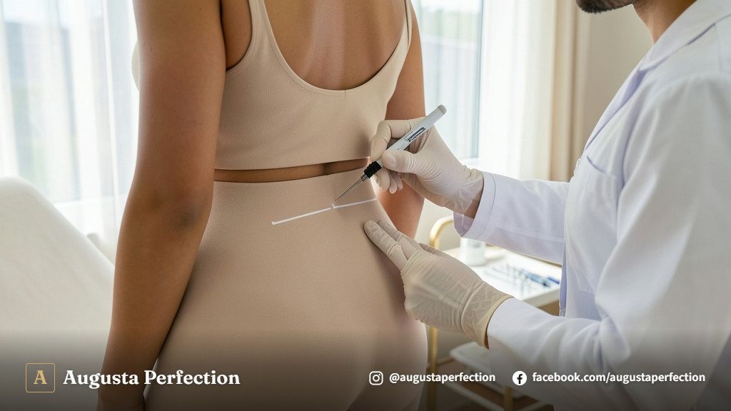 Ambiente clínico elegante e acolhedor preparado para procedimento estético de preenchimento glúteo confortável.