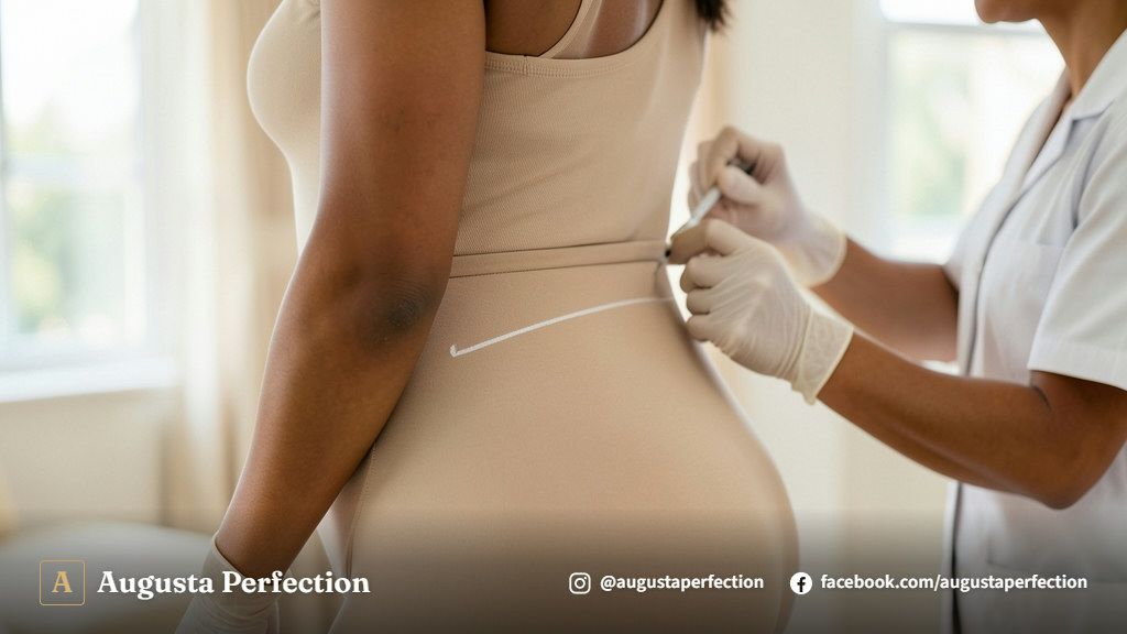 Profissional de estética avançada organizando produtos para preenchimento corporal em uma clínica moderna.