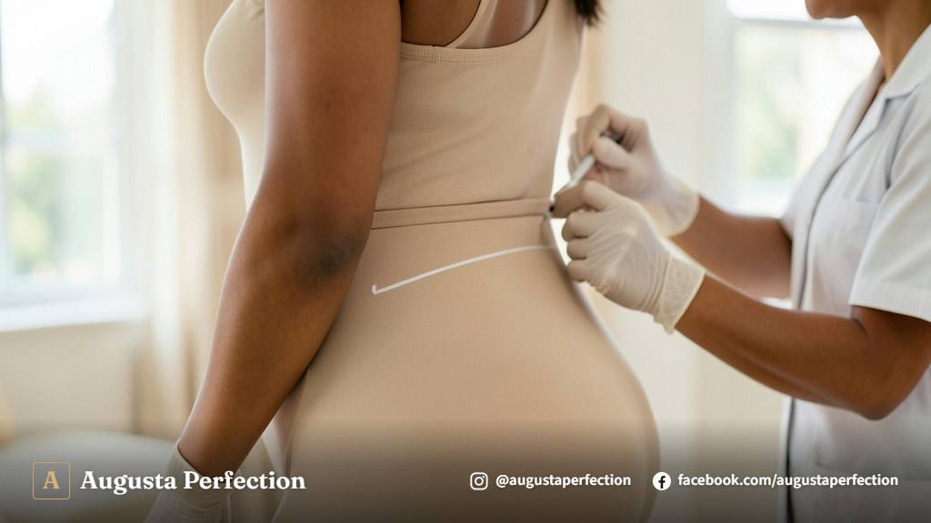 Profissional de estética avançada organizando produtos para preenchimento corporal em uma clínica moderna.