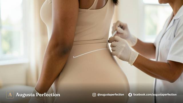 Profissional de estética avançada organizando produtos para preenchimento corporal em uma clínica moderna.