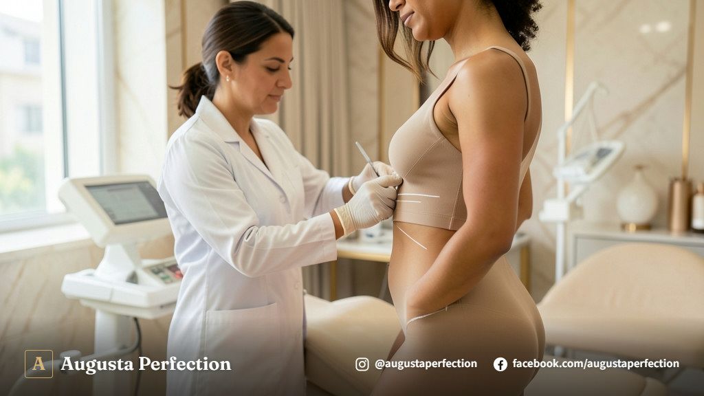 Profissional de estética em clínica organizada segurando materiais estéreis para preenchimento de glúteo com segurança.