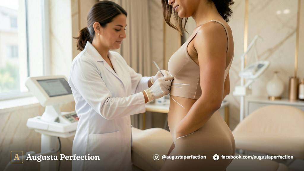 Profissional de estética em clínica organizada segurando materiais estéreis para preenchimento de glúteo com segurança.