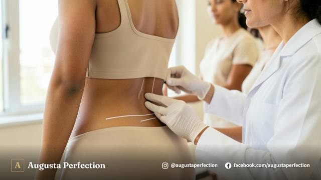 Ambiente de clínica de estética avançada com produtos biocompatíveis para preenchimento glúteo.