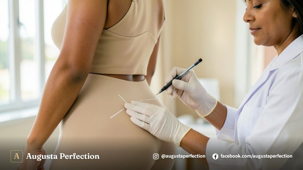 Profissional de estética avançada com luvas preparando seringa com preenchedor biocompatível para glúteo.