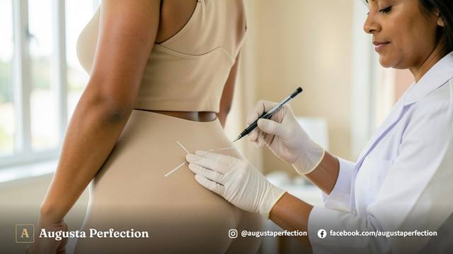 Profissional de estética avançada com luvas preparando seringa com preenchedor biocompatível para glúteo.