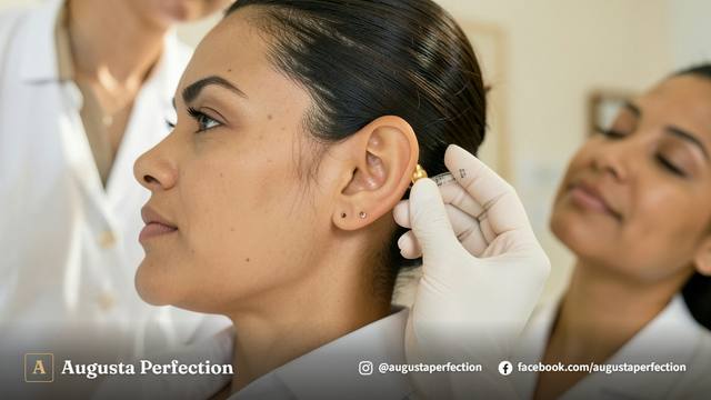 Profissional de estética preparando ácido hialurônico para preenchimento de lóbulo em ambiente de clínica moderna.