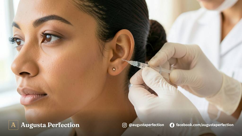 Mãos com luvas profissionais preparando procedimento de remoção e correção estética no lóbulo da orelha.