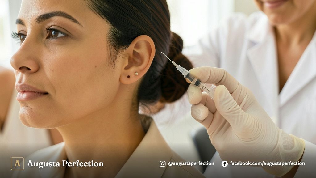Detalhe de seringa com ácido hialurônico em ambiente clínico elegante para preenchimento de lóbulo de orelha em Jaú.