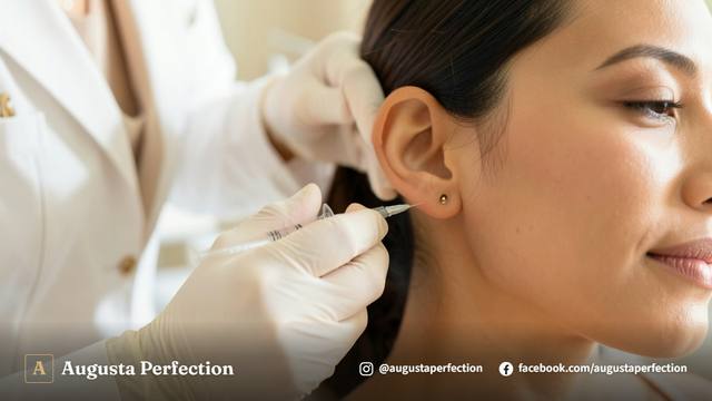 Profissional de estética preparando ácido hialurônico para preenchimento de lóbulo de orelha em Jaú