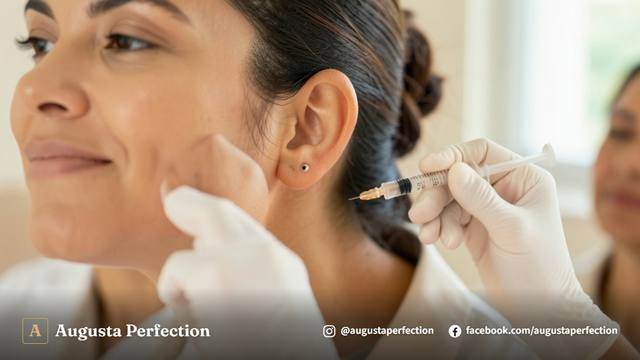 Ambiente de clínica de estética avançada com profissional preparando preenchedor de ácido hialurônico estéril.