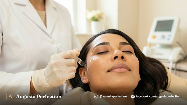 Seringa de ácido hialurônico e mãos com luvas em ambiente clínico sofisticado para preenchimento de malar.