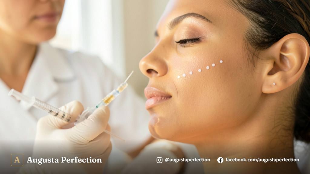 Especialista em estética facial segurando produto certificado para preenchimento de malar em ambiente clínico seguro.