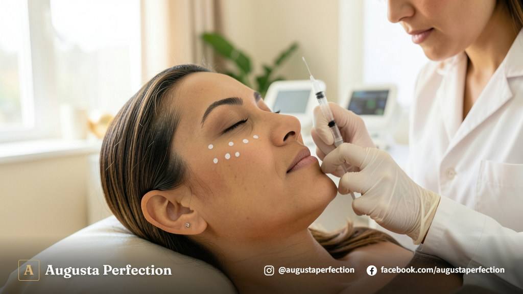 Profissional de estética em clínica moderna preparando procedimento no malar com foco em conforto e segurança.