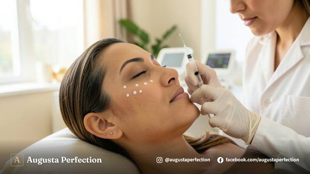 Profissional de estética em clínica moderna preparando procedimento no malar com foco em conforto e segurança.
