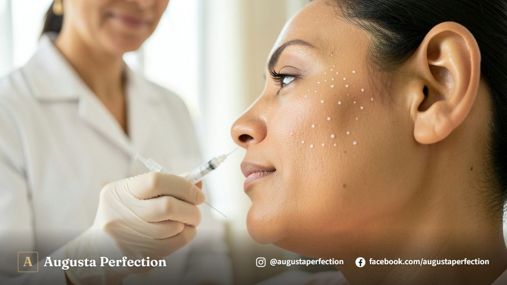 Ambiente de clínica estética elegante com seringa de ácido hialurônico e luvas descartáveis para procedimento facial.