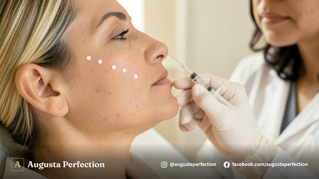 Profissional de estética segurando seringa com ácido hialurônico para preenchimento facial em ambiente de clínica.
