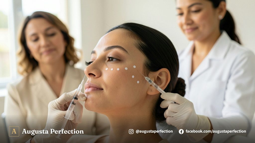 Profissional de estética avançada preparando microcânula para procedimento de preenchimento facial em clínica moderna.