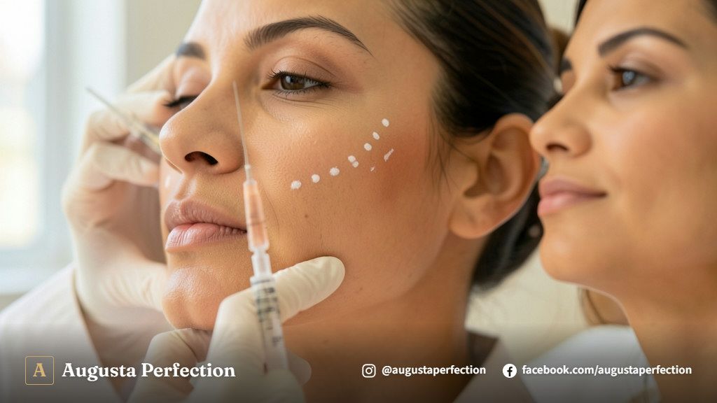 Consultório de estética avançada com instrumentos e seringa de ácido hialurônico para preenchimento facial seguro.