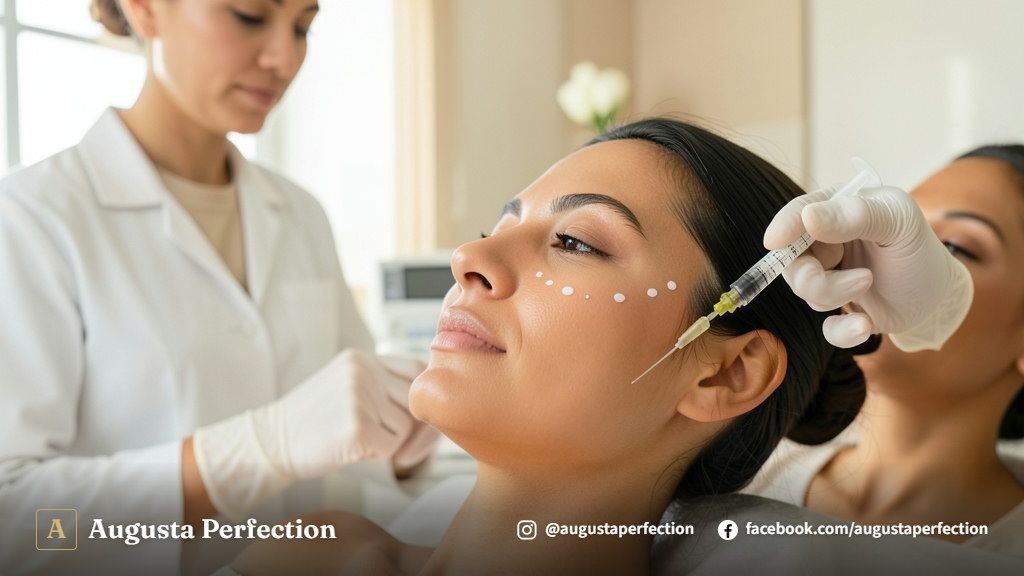 Profissional de estética em consultório avaliando estrutura facial para preenchimento de malar em ambiente acolhedor.