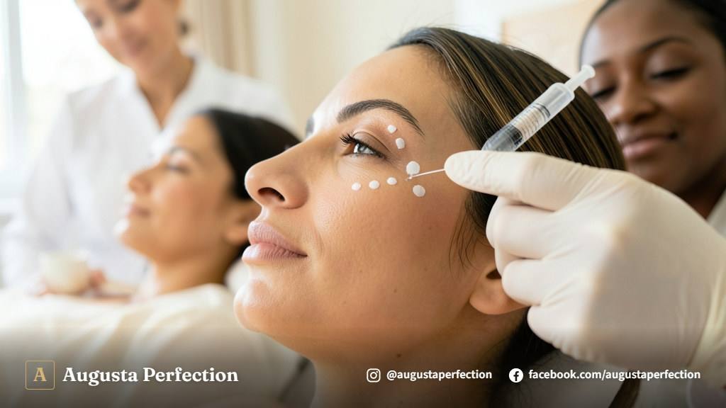 Ambiente elegante de clínica estética com instrumentos esterilizados para procedimento de preenchimento facial.