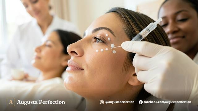 Ambiente elegante de clínica estética com instrumentos esterilizados para procedimento de preenchimento facial.