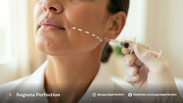 Mão de profissional com luva preparando seringa em ambiente de estética avançada para preenchimento mandibular.