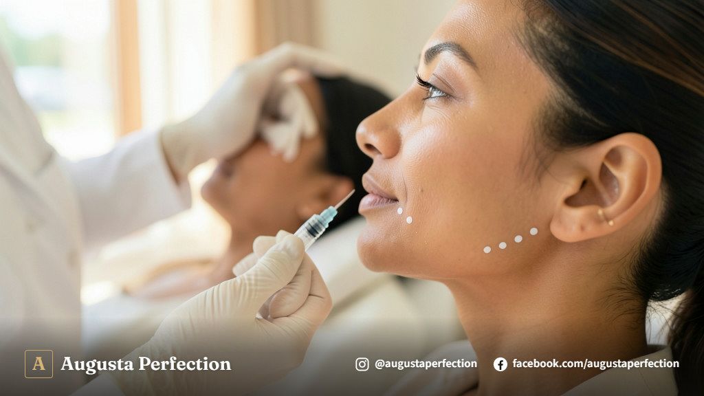 Profissional de estética com luvas segurando ampola de procedimento para remoção de preenchimento facial.