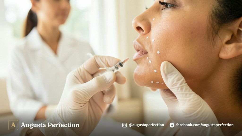 Mãos enluvadas de profissional de estética preparando insumos para preenchimento de mandíbula em ambiente clínico.