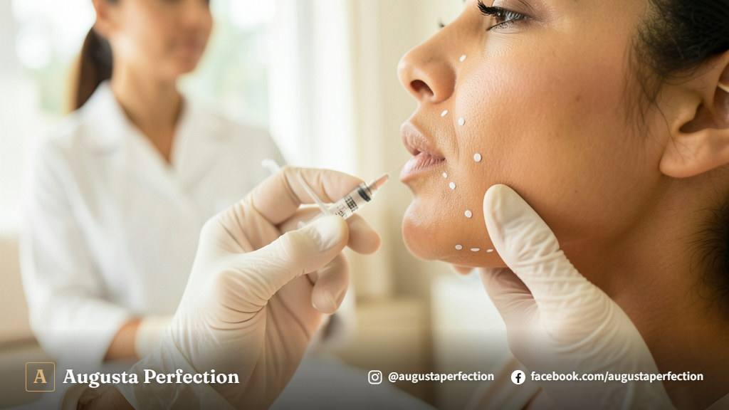 Mãos enluvadas de profissional de estética preparando insumos para preenchimento de mandíbula em ambiente clínico.
