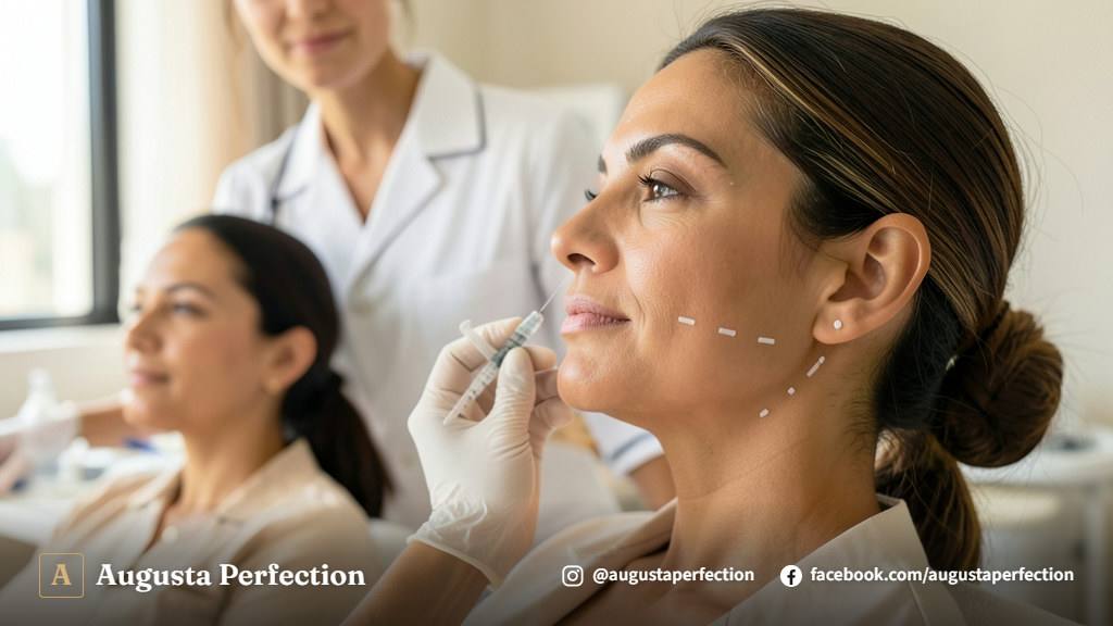 Profissional realizando planejamento para preenchimento de mandíbula em ambiente clínico moderno em Jundiaí.