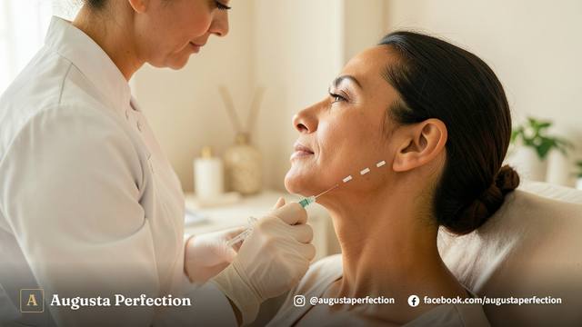 Mão profissional com luva preparando instrumento para procedimento de preenchimento em clínica estética.