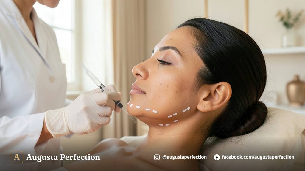 Seringa de ácido hialurônico e luvas profissionais em uma clínica de estética sofisticada para preenchimento de mandíbula.