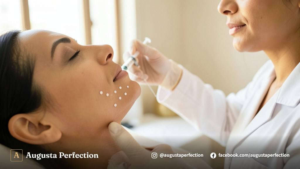 Seringa de ácido hialurônico e suprimentos estéticos em uma bandeja de vidro na clínica Augusta Perfection.