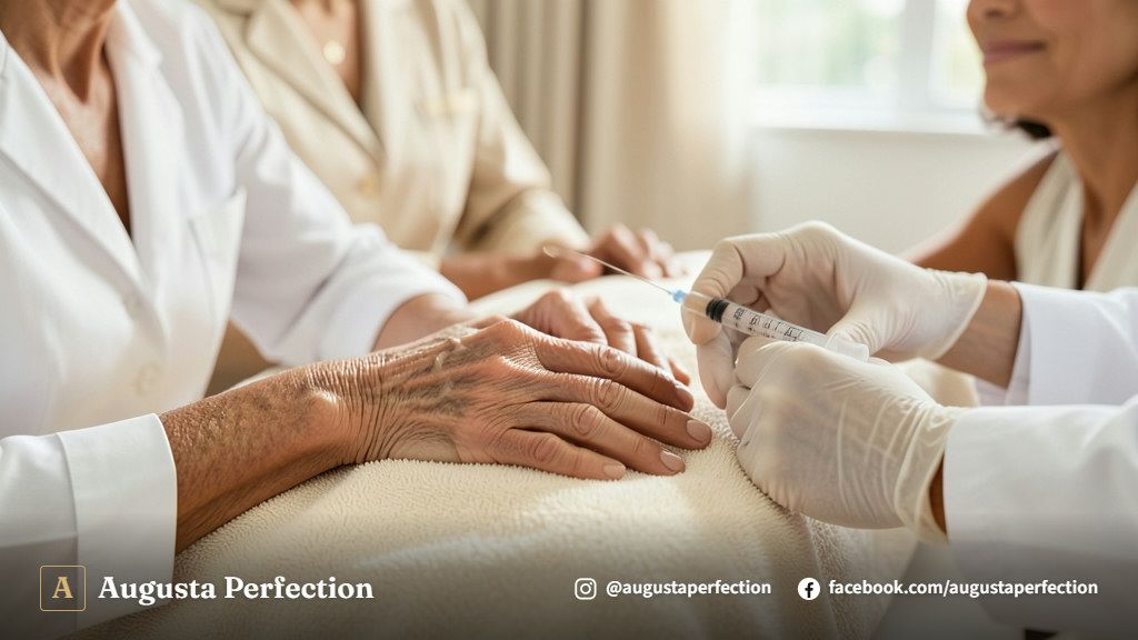 Profissional de estética realizando avaliação detalhada no dorso das mãos de paciente em Bauru.
