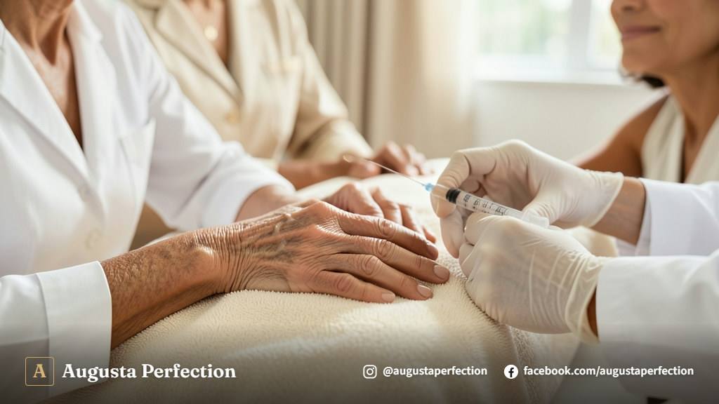 Profissional de estética realizando avaliação detalhada no dorso das mãos de paciente em Bauru.