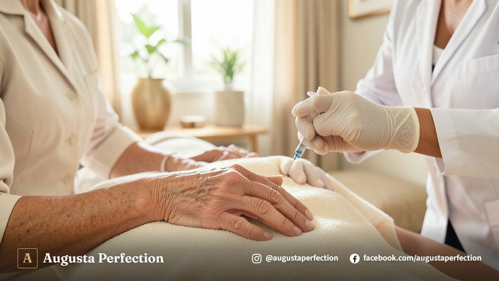Avaliação profissional para preenchimento de mãos em ambiente clínico higienizado e moderno.